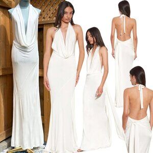 🆕 RAT & BOA 🧿 NWOT Winona White Slinky Cowl Neck Jersey Gown, Sz L
